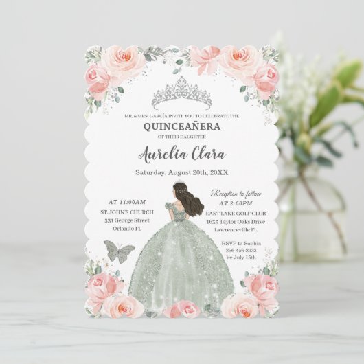 キンセアニラ赤面ピンクフローラセージグリーンドレス 招待状 (スタンド正面)