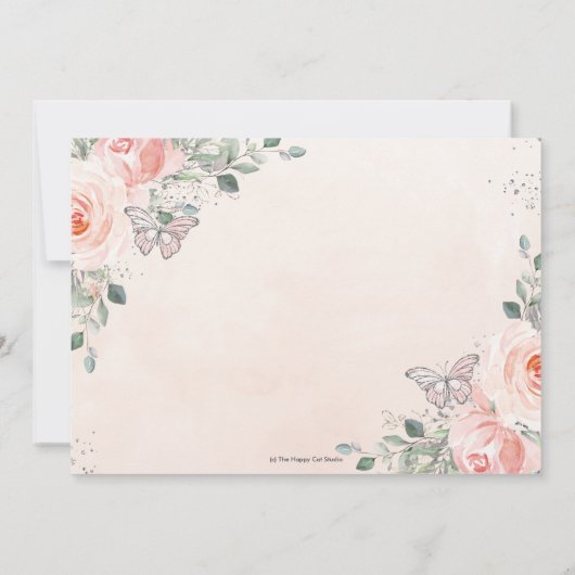 キンセアニラ赤面ピンクフローラバラバタフライフォト 招待状 (裏面)