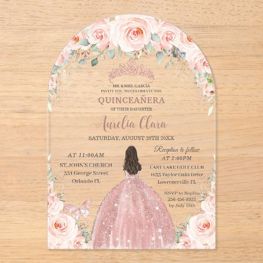 キンセアニラ赤面ピンクフローラバラ金ゴールドプリンセス アクリル招待状 (正面)