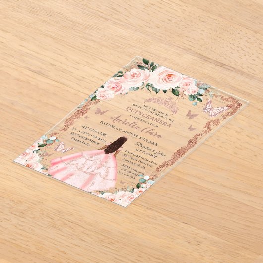 キンセアニラ赤面ピンクフローラバラ金ゴールドプリンセス アクリル招待状 (レイダウン)
