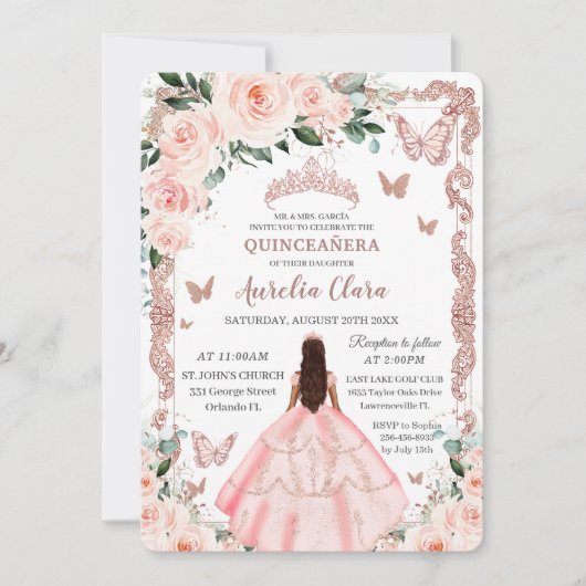 キンセアニラ赤面ピンクフローラバラ金ゴールドプリンセス 招待状 (正面)