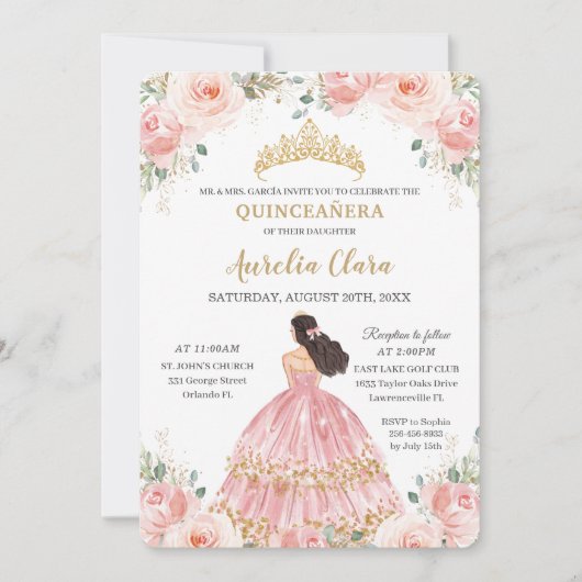 キンセアニラ赤面ピンクフローラプリンセス誕生日 招待状 (正面)