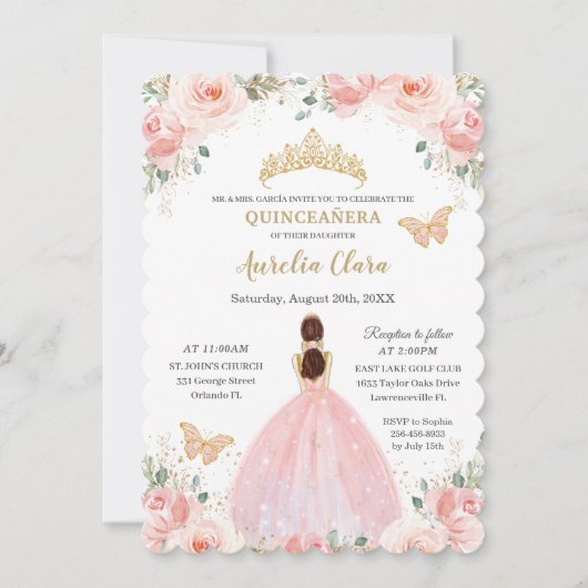 キンセアニラ赤面ピンクフローラ金ゴールドクラウンバタフライ 招待状 (正面)
