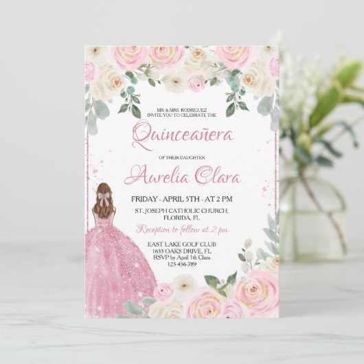 キンセアニラ赤面ピンクローズフローラティアラ 招待状 (スタンド正面)