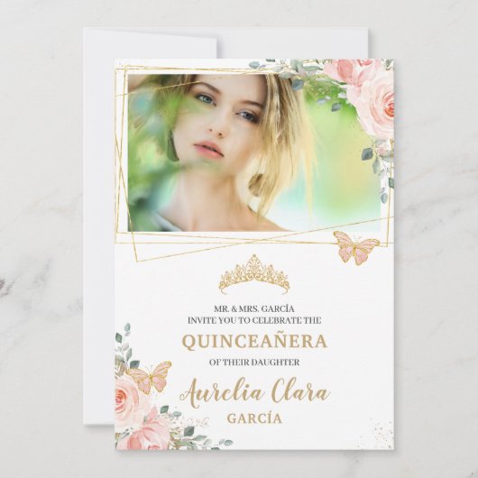 キンセアニラ赤面ピンクローズフローラバタフライ写真 招待状 (正面)