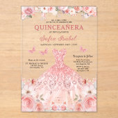 キンセアニラ赤面ピンクローズフローラバタフライ アクリル招待状 (正面)