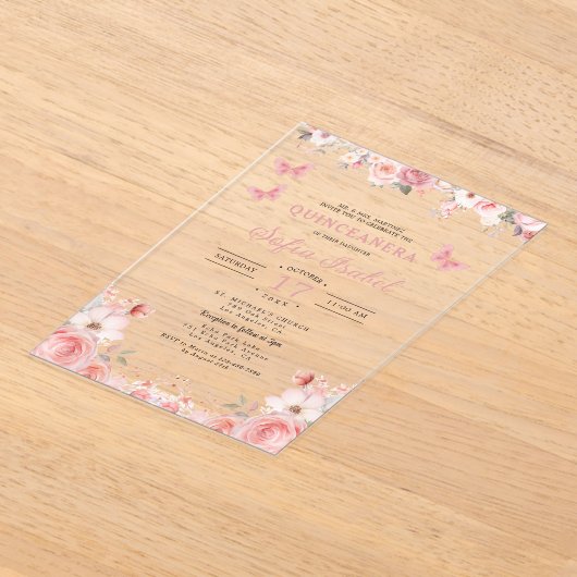 キンセアニラ赤面ピンクローズフローラバタフライ アクリル招待状 (レイダウン)