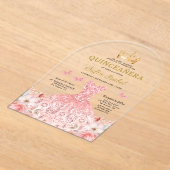 キンセアニラ赤面ピンクローズフローラバタフライ アクリル招待状 (レイダウン)