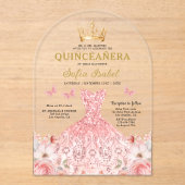 キンセアニラ赤面ピンクローズフローラバタフライ アクリル招待状 (正面)