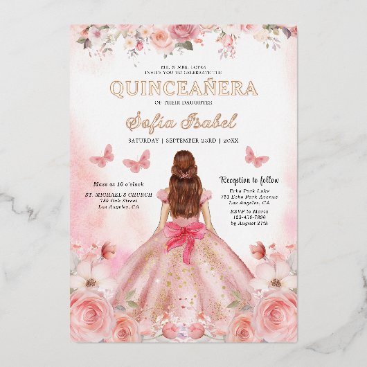 キンセアニラ赤面ピンクローズフローラバタフライ 箔招待状 (正面)