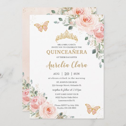 キンセアニラ赤面ピンクローズローズバタフライクラウン 招待状 (正面/裏面)