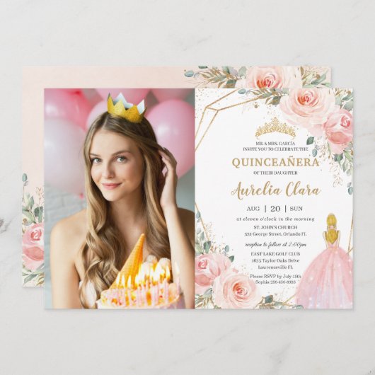 キンセアニラ赤面フローラブロンド誕生日写真 招待状 (正面/裏面)