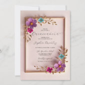 キンセアニラ金ゴールドフレームフローラ15誕生日 招待状 (正面)