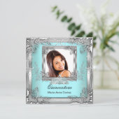 キンセアニラ15誕生日ティール（緑がかった色）ホワイトシルバーティアラ 招待状 (スタンド正面)