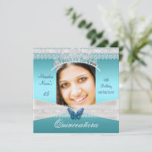 キンセアニラ15誕生日ティール(緑がかった色)ホワイトレース写真 招待状 (スタンド正面)