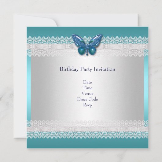 キンセアニラ15誕生日ティール（緑がかった色）ホワイトレース写真 招待状 (裏面)