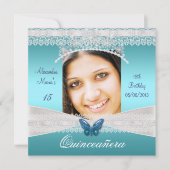 キンセアニラ15誕生日ティール(緑がかった色)ホワイトレース写真 招待状 (正面)