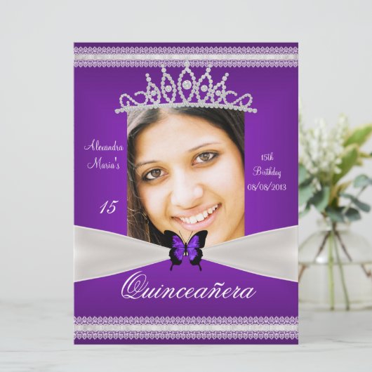 キンセアニラ15誕生日パープルホワイトレース写真 招待状 (スタンド正面)
