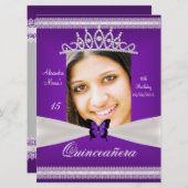 キンセアニラ15誕生日パープルホワイトレース写真 招待状 (正面/裏面)