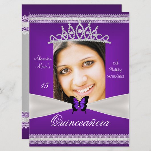 キンセアニラ15誕生日パープルホワイトレース写真 招待状 (正面/裏面)
