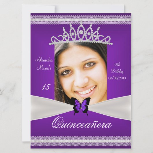 キンセアニラ15誕生日パープルホワイトレース写真 招待状 (正面)