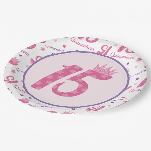 キンセアニラ15誕生日ピンクパープルクラウン ペーパープレート (アングル)