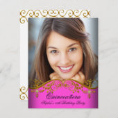 キンセアニラ15誕生日金ゴールドピンクレース写真 招待状 (正面/裏面)