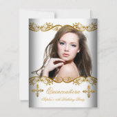 キンセアニラ15誕生日金ゴールドホワイトレース写真 招待状 (正面)