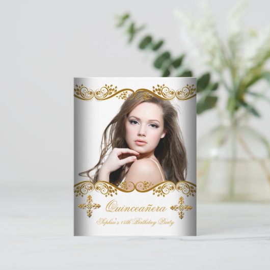 キンセアニラ15誕生日金ゴールドホワイトレース写真 招待状 (スタンド正面)