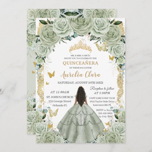 キンセアニラ15 XVセージグリーンフローラヴィンテージ金ゴールド 招待状 (正面/裏面)