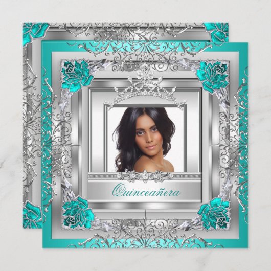 キンセアニラ15thバースデーパーティーティール(緑がかった色)シルバーティアラ 招待状 (正面/裏面)