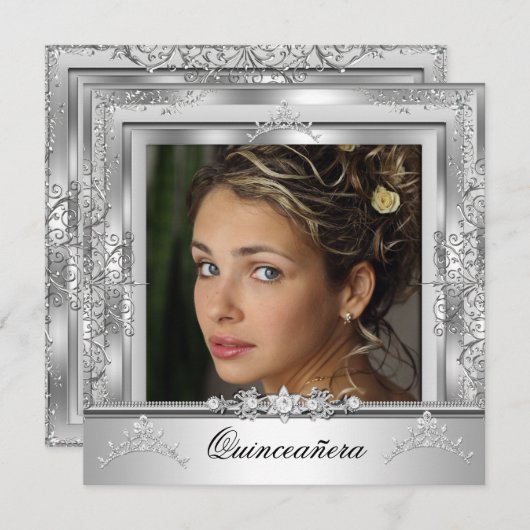 キンセアニラ15thバースデーパーティーホワイトシルバーティアラ 招待状 (正面/裏面)