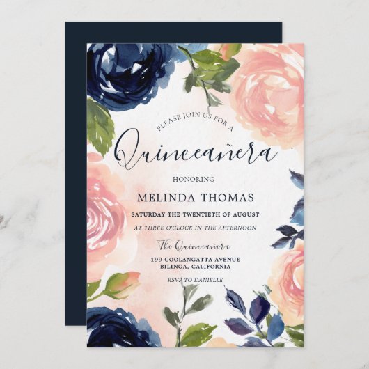 キンセアニラ15thバースデーパーティー赤面ネイビーフラワーズ 招待状 (正面/裏面)