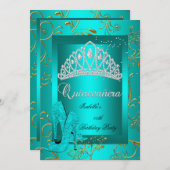 キンセアニラ15thパーティー金ゴールドティール(緑がかった色)グリッタールック 招待状 (正面/裏面)