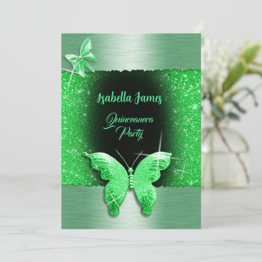 キンセアニラ15th誕生日ブラックグリーンフォイルラグジュアリー 招待状 (スタンド正面)