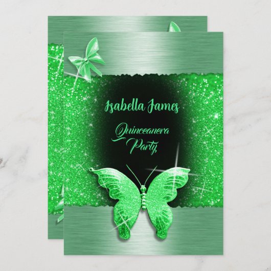 キンセアニラ15th誕生日ブラックグリーンフォイルラグジュアリー 招待状 (正面/裏面)