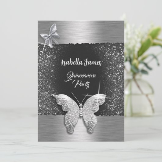 キンセアニラ15th誕生日ブラックシルバーフォイルシック 招待状 (スタンド正面)