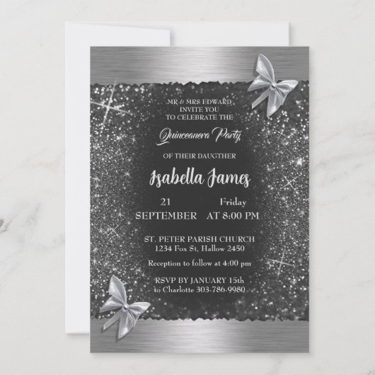 キンセアニラ15th誕生日ブラックシルバーフォイルシック 招待状 (裏面)