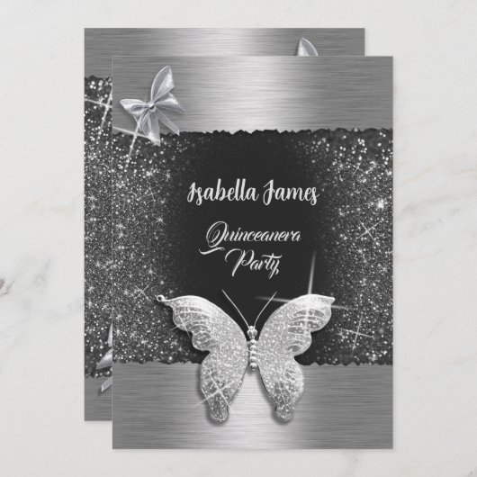 キンセアニラ15th誕生日ブラックシルバーフォイルシック 招待状 (正面/裏面)