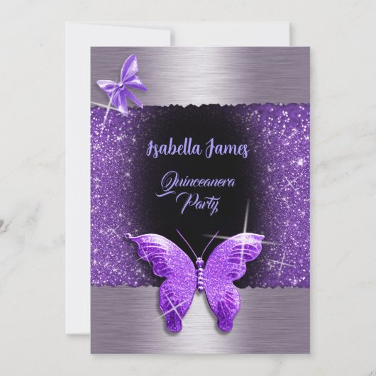 キンセアニラ15th誕生日ブラックパープルフォイルラグジュアリー 招待状 (正面)
