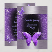 キンセアニラ15th誕生日ブラックパープルフォイルラグジュアリー 招待状 (正面/裏面)