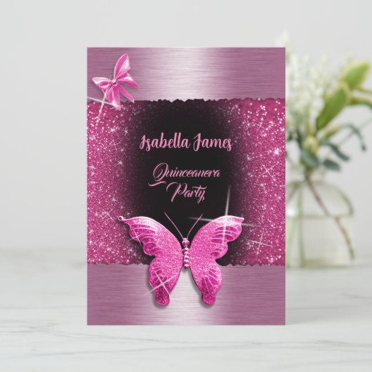 キンセアニラ15th誕生日ブラックピンクフォイルラグジュアリー 招待状 (スタンド正面)