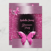 キンセアニラ15th誕生日ブラックピンクフォイルラグジュアリー 招待状 (正面/裏面)