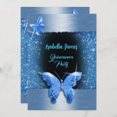 キンセアニラ15th誕生日ブラックブルーフォイルラグジュアリー 招待状 (正面/裏面)