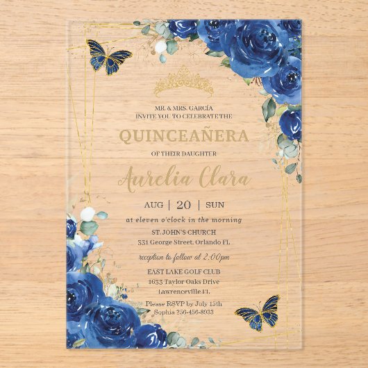 キンセアニラ16青王室のフローラ金ゴールド蝶 アクリル招待状 (正面)