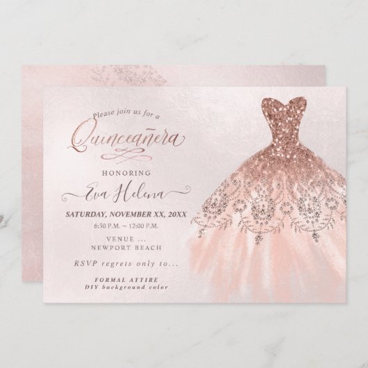 キンセアニラ、グリッターズガウン、フェイクバラ金ゴールド 招待状 (正面/裏面)