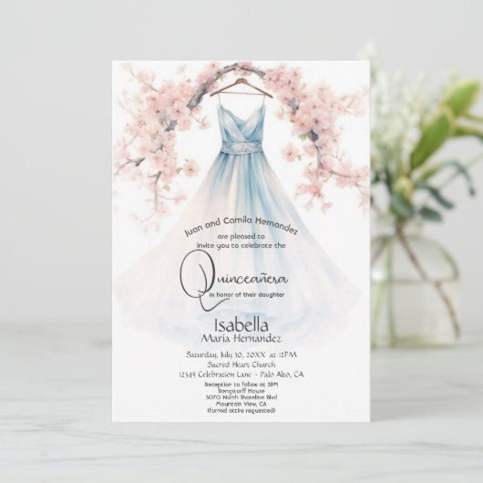 キンセアニラ |青淡い色のいガウンのピンクの花 招待状 (スタンド正面)