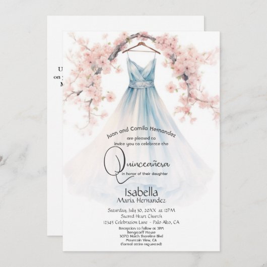 キンセアニラ |青淡い色のいガウンのピンクの花 招待状 (正面/裏面)