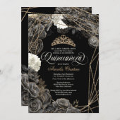 キンセアニラwブラック&金ゴールドバラとティアラインヴィータ 招待状 (正面/裏面)