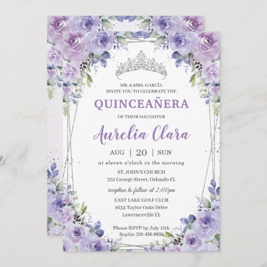 キンセアニラXVパープル薄紫フローラシルバークラウン 招待状 (正面/裏面)